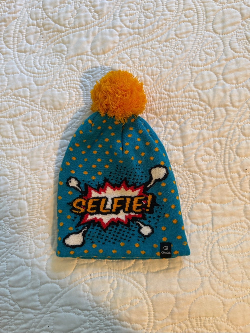 Chaos adult Teal Beanie with Yellow Pom and Multicolor 'SELFIE' Graphic